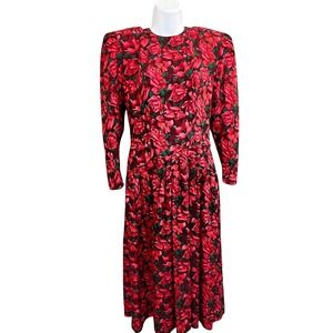 VTG 80s Maggy London Silk Midi Dress 4 Red Poppies Prairie Cottage Modest Retro